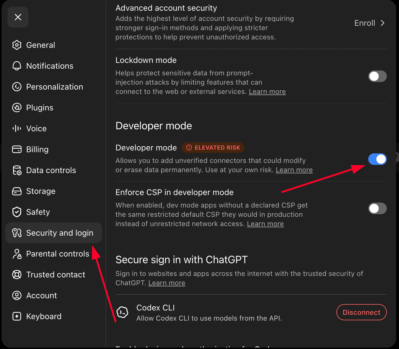 ChatGPT's Security and login settings with the Developer mode toggle switched on, marked with an elevated risk badge. Enforce CSP in developer mode is below it and switched off.