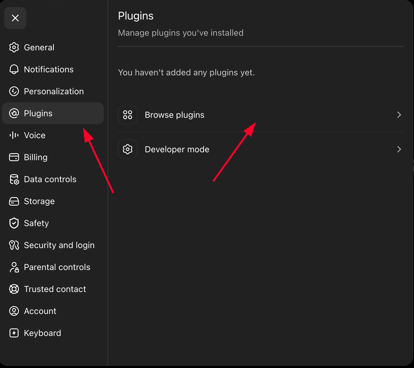 ChatGPT's Plugins settings screen, showing no plugins added yet with rows for Browse plugins and Developer mode.