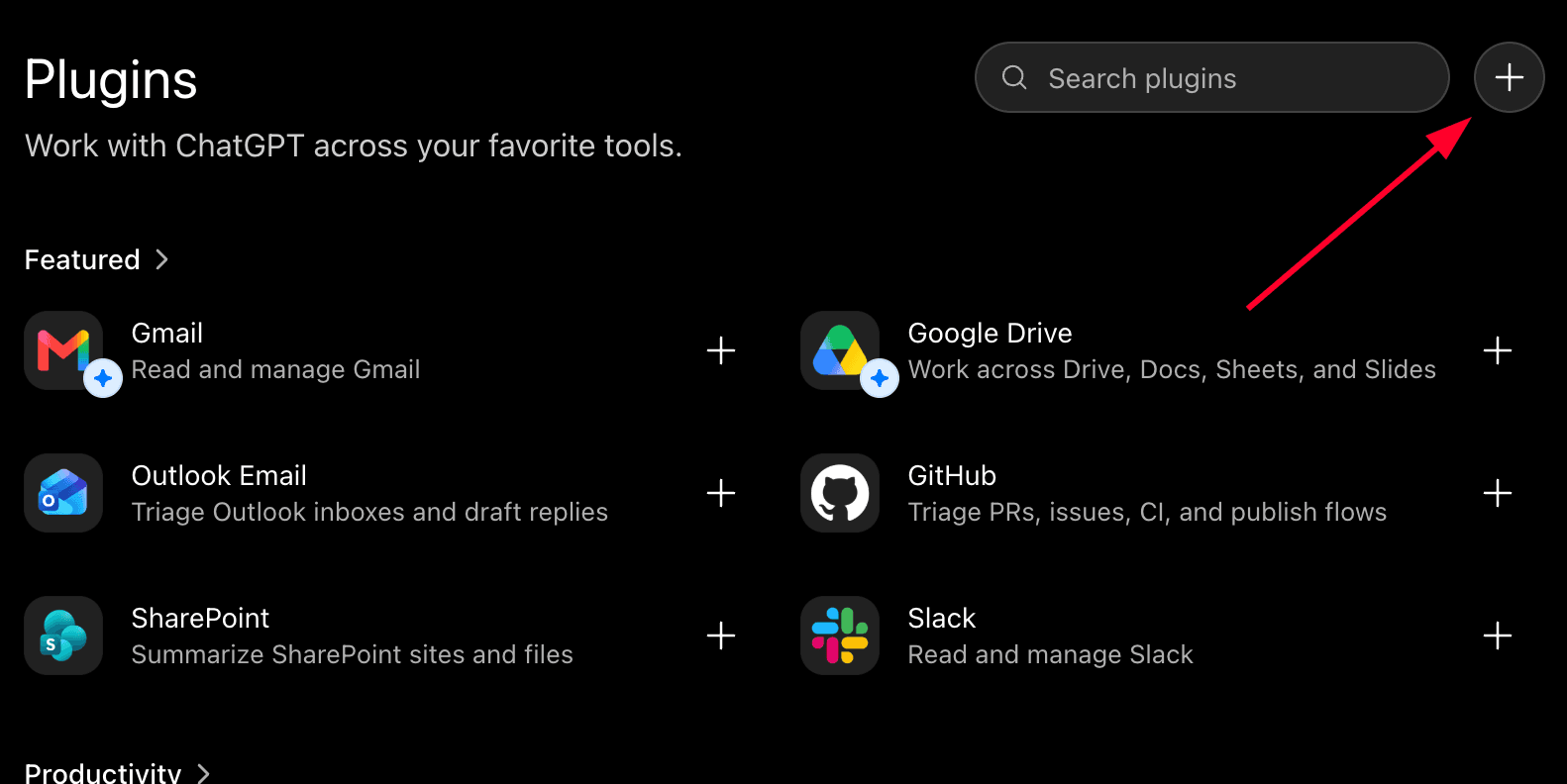 The ChatGPT Plugins browse page listing featured plugins such as Gmail and Google Drive, with a plus button in the top right corner.
