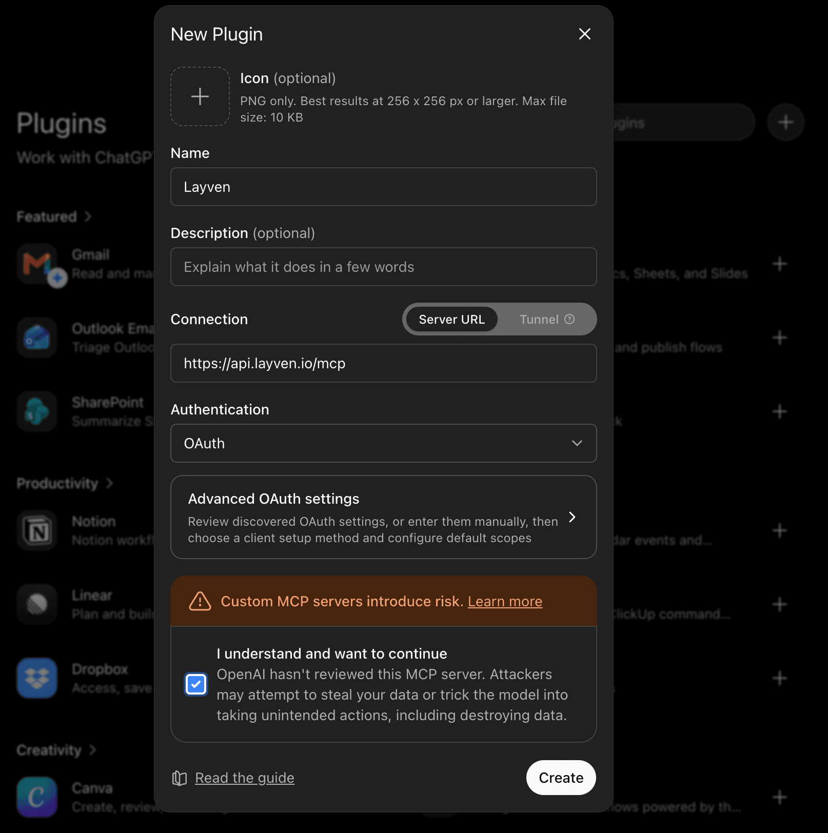 The New Plugin dialog named Layven, with Connection set to Server URL and the Layven MCP URL entered, Authentication set to OAuth, and the I understand and want to continue checkbox ticked above the Create button.