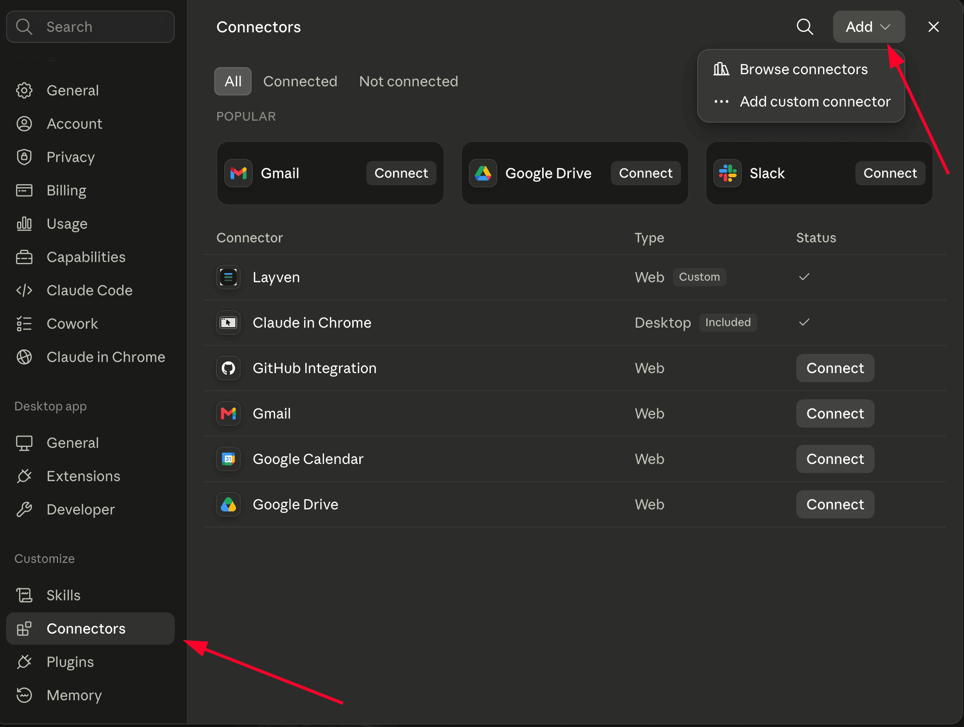 Claude's Connectors settings screen. Connectors is selected in the sidebar under Customize, and the Add button in the top right is open, showing Browse connectors and Add custom connector.