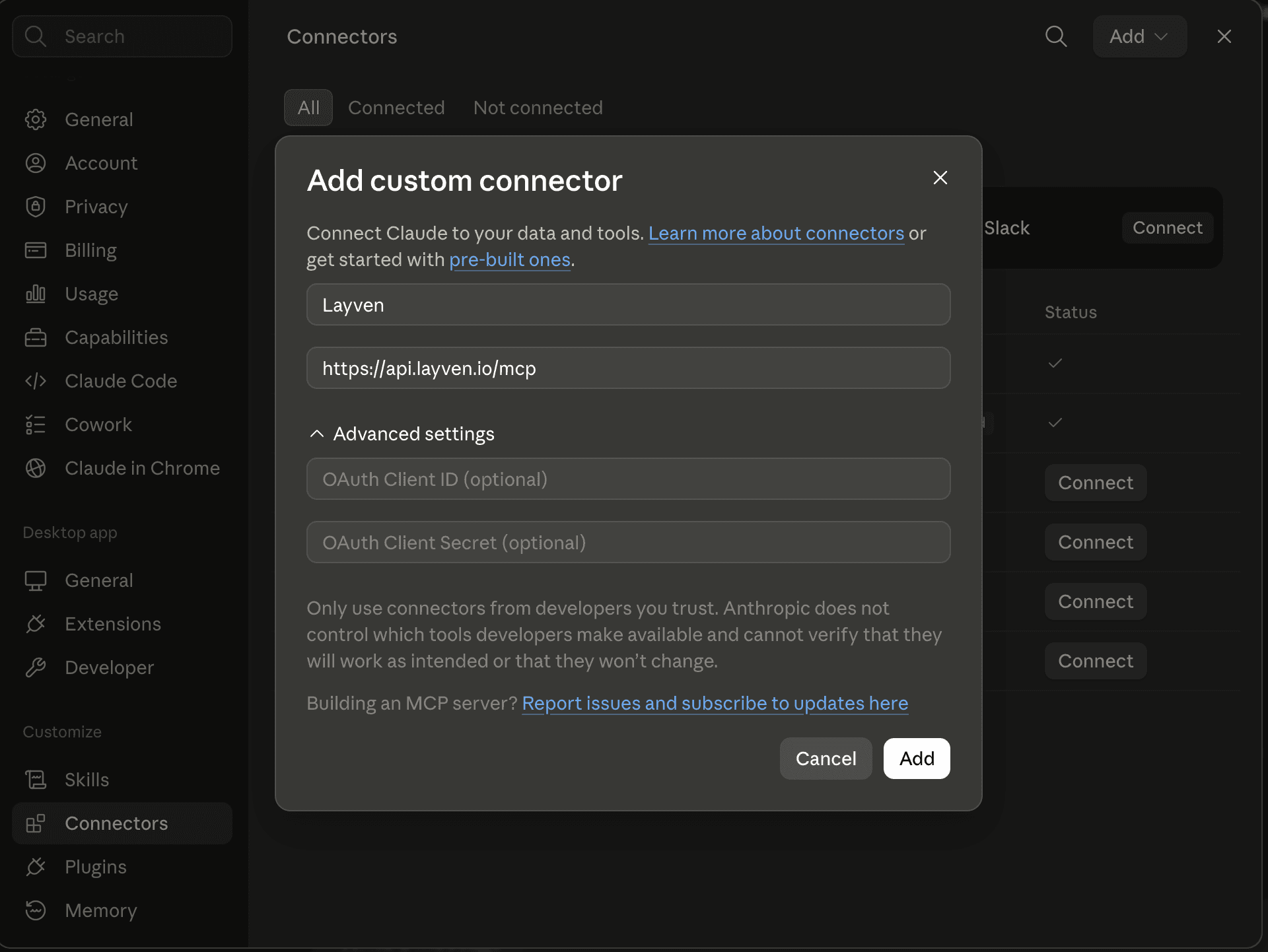 The Add custom connector dialog, named Layven with the Layven MCP URL below it. Advanced settings is expanded and the optional OAuth Client ID and OAuth Client Secret fields are empty.