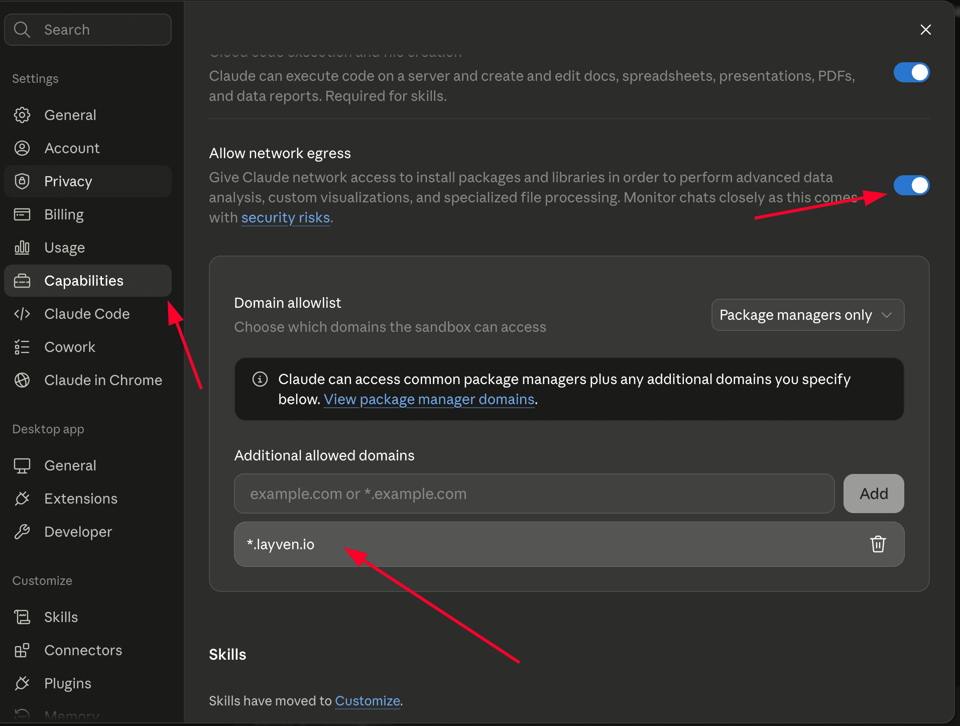 Claude's Capabilities settings with Allow network egress switched on. The domain allowlist is set to Package managers only and *.layven.io is listed under Additional allowed domains.